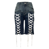 Wear rope elastic washed denim shorts