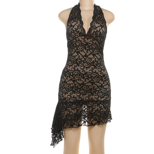 Sleeveless neck tie with deep V-lace patchwork double-layer hip hugging dress