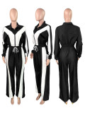 Color blocked zipper cardigan wide leg drawstring sports pants two-piece set