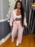 Color blocked zipper cardigan wide leg drawstring sports pants two-piece set