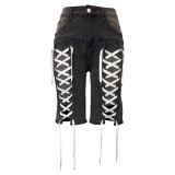 Wear rope elastic washed denim shorts