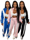 Color blocked zipper cardigan wide leg drawstring sports pants two-piece set