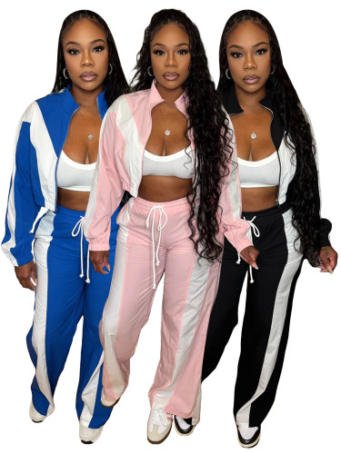Color blocked zipper cardigan wide leg drawstring sports pants two-piece set
