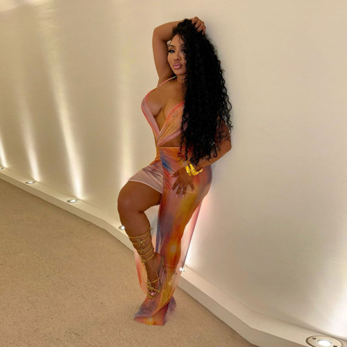 Hanging neck backless lace up printed mesh patchwork dress