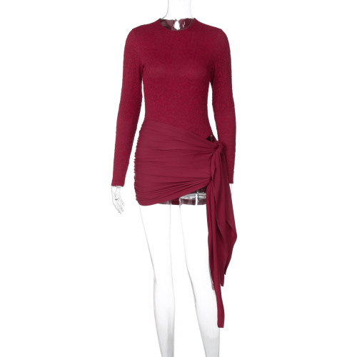 Round neck long sleeved lace patchwork jumpsuit short skirt two-piece set