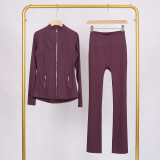 Golden zipper Slim fit stand up collar jacket and cropped bell-bottoms pants set, elastic quick drying fitness yoga suit