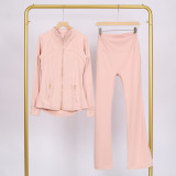 Golden zipper Slim fit stand up collar jacket and cropped bell-bottoms pants set, elastic quick drying fitness yoga suit