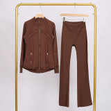 Golden zipper Slim fit stand up collar jacket and cropped bell-bottoms pants set, elastic quick drying fitness yoga suit