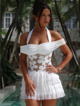 Strapless and neck hanging dress, short skirt