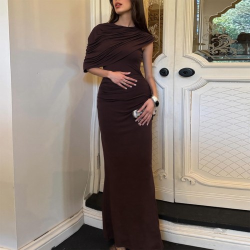Slanted shoulder bag hip fold irregular dress