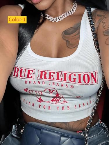 Open collar printed letter groove stripe vest A768466991228