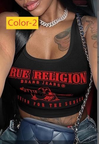 Open collar printed letter groove stripe vest A768466991228