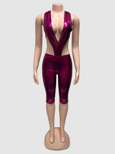 Deep V ice silk material hanging neck, exposed back, tight fitting five inch pants two-piece set Y00401SC