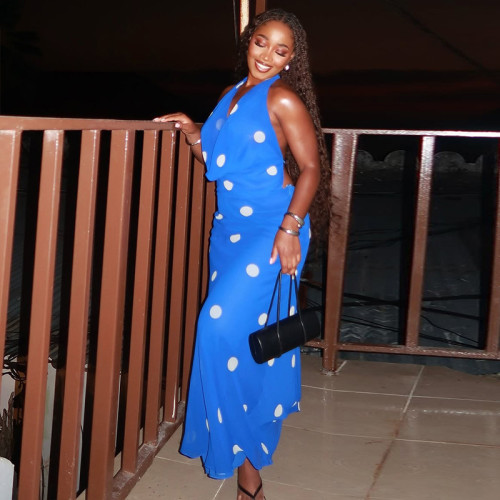 Wave Point Hip Fold Skirt Set, Swinging Collar, Hanging Neck, Bareback Two Piece Set