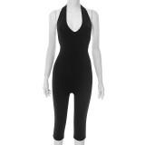 Hanging neck tie rope deep V-neck big backless waist cinching seven part jumpsuit