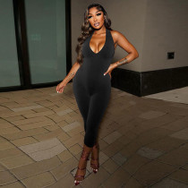Hanging neck tie rope deep V-neck big backless waist cinching seven part jumpsuit