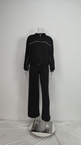 High-low zipper pull-over with drawstring sports sweatshirt set