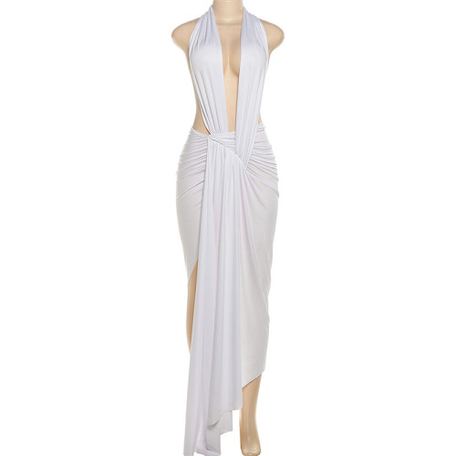 Sleeveless hanging neck, backless high waisted slit dress