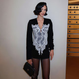 Lace-trimmed Button-Up V-Neck Blazer