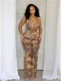 Leopard print lace up halter top with exposed back and pants set