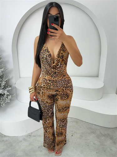 Leopard print lace up halter top with exposed back and pants set