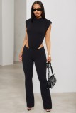 Round neck sleeveless black jumpsuit with hollowed out sides, two-piece pants set