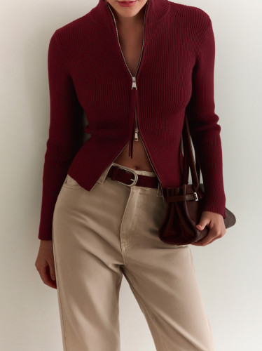 Stand up collar high waisted long sleeved knitted sweater with zipper top