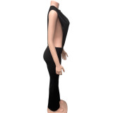 Round neck sleeveless black jumpsuit with hollowed out sides, two-piece pants set