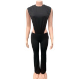 Round neck sleeveless black jumpsuit with hollowed out sides, two-piece pants set