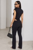 Round neck sleeveless black jumpsuit with hollowed out sides, two-piece pants set