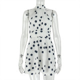 Waist waist pleated polka dot A-line skirt printed hanging neck short dress
