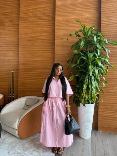 Two-piece set: striped short-sleeved cardigan shirt with a high-waisted waist-tied skirt