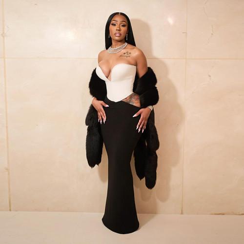 Color blocking patchwork waist tied dress long skirt