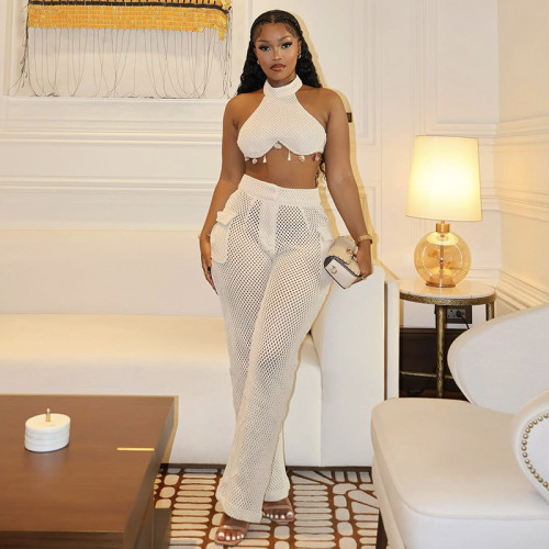 Hanging neck strapless top with hollowed out pockets and pants set