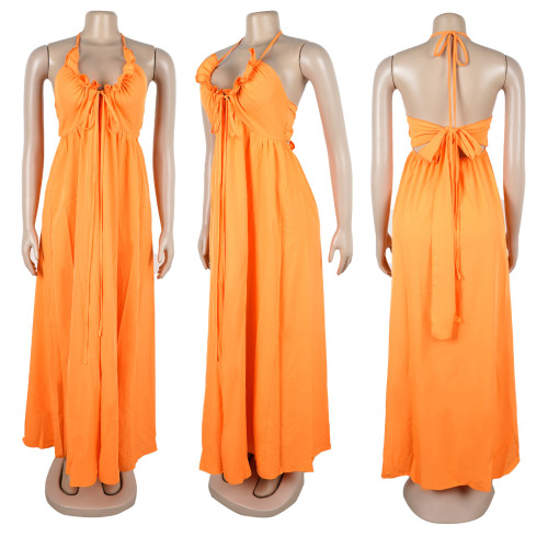 Drawstring lace V-neck solid color suspender loose dress