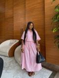 Two-piece set: striped short-sleeved cardigan shirt with a high-waisted waist-tied skirt
