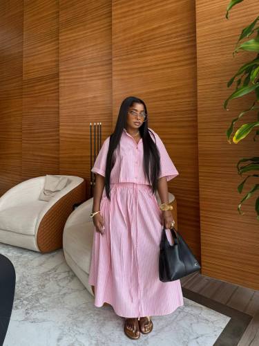 Two-piece set: striped short-sleeved cardigan shirt with a high-waisted waist-tied skirt