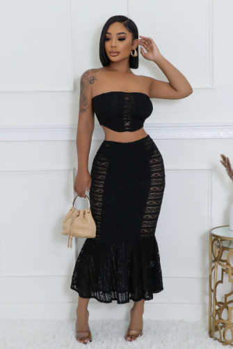 Skirt set with strapless, high waist, exposed navel, wrapped buttocks, fish tail