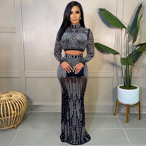 Mesh see through long sleeved long skirt two-piece set