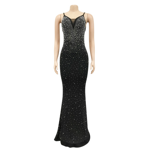 Hot rhinestone camisole sleeveless long skirt dress