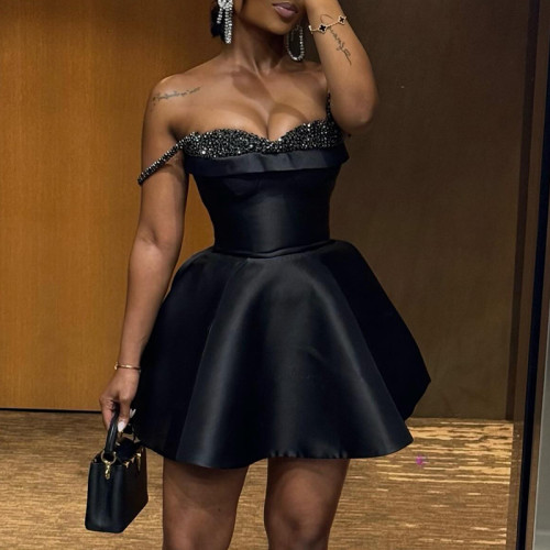 Sequin patchwork strapless suspender dress, short skirt