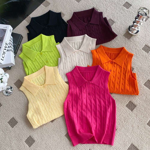 Polo collar sleeveless knit top solid color vest