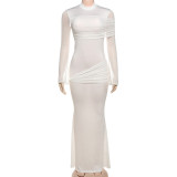 Mesh patchwork long sleeved high waisted dress