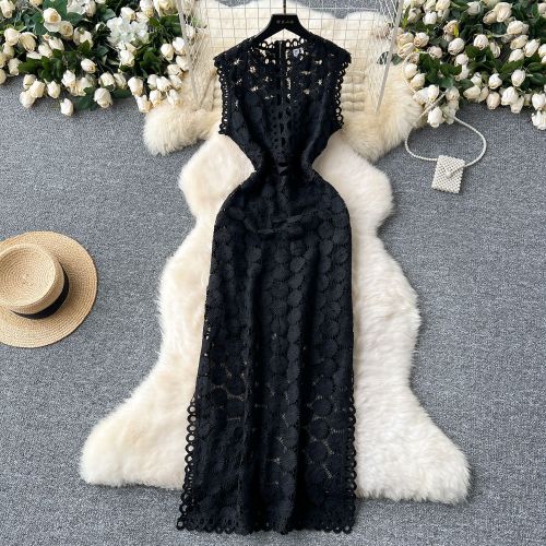 Mesh hollow hook flower slit long skirt