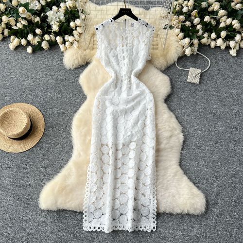 Mesh hollow hook flower slit long skirt