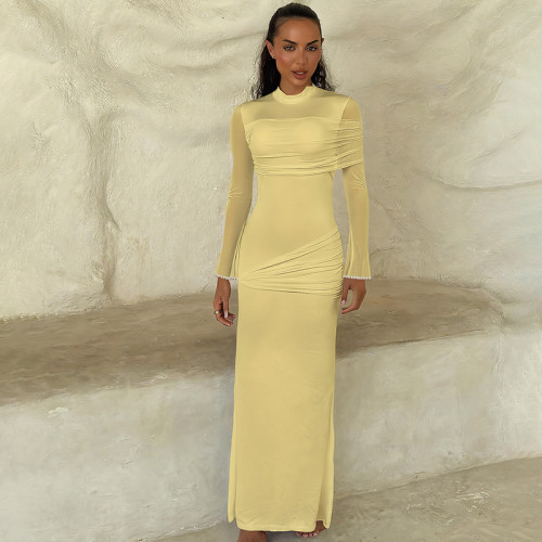 Mesh patchwork long sleeved high waisted dress