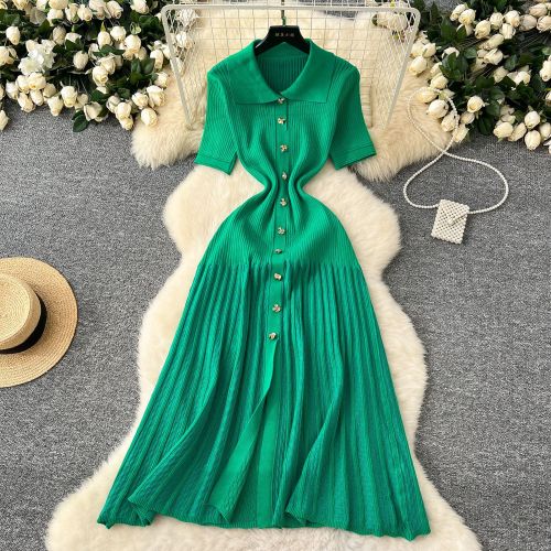 Elastic single breasted knitted long skirt