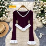 Striped knit ruffle hem flared sleeves for outerwear base top