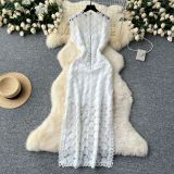 Mesh hollow hook flower slit long skirt