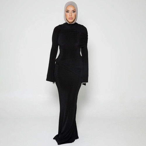 Mesh patchwork long sleeved high waisted dress